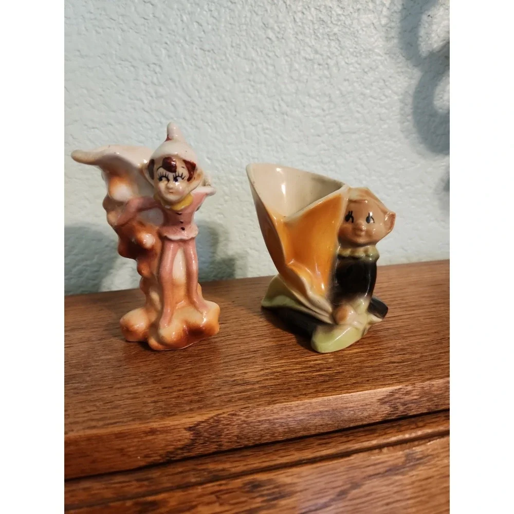 Vtg Fairy Pixie Elf Sprite Vase Set 2 Kitschy‎ Pink Elf Leprechaun Elf Set 2
